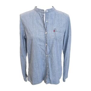 Levi's Blue Chambray Denim Button Down Shirt Women's Medium Band Collar Cowgirl